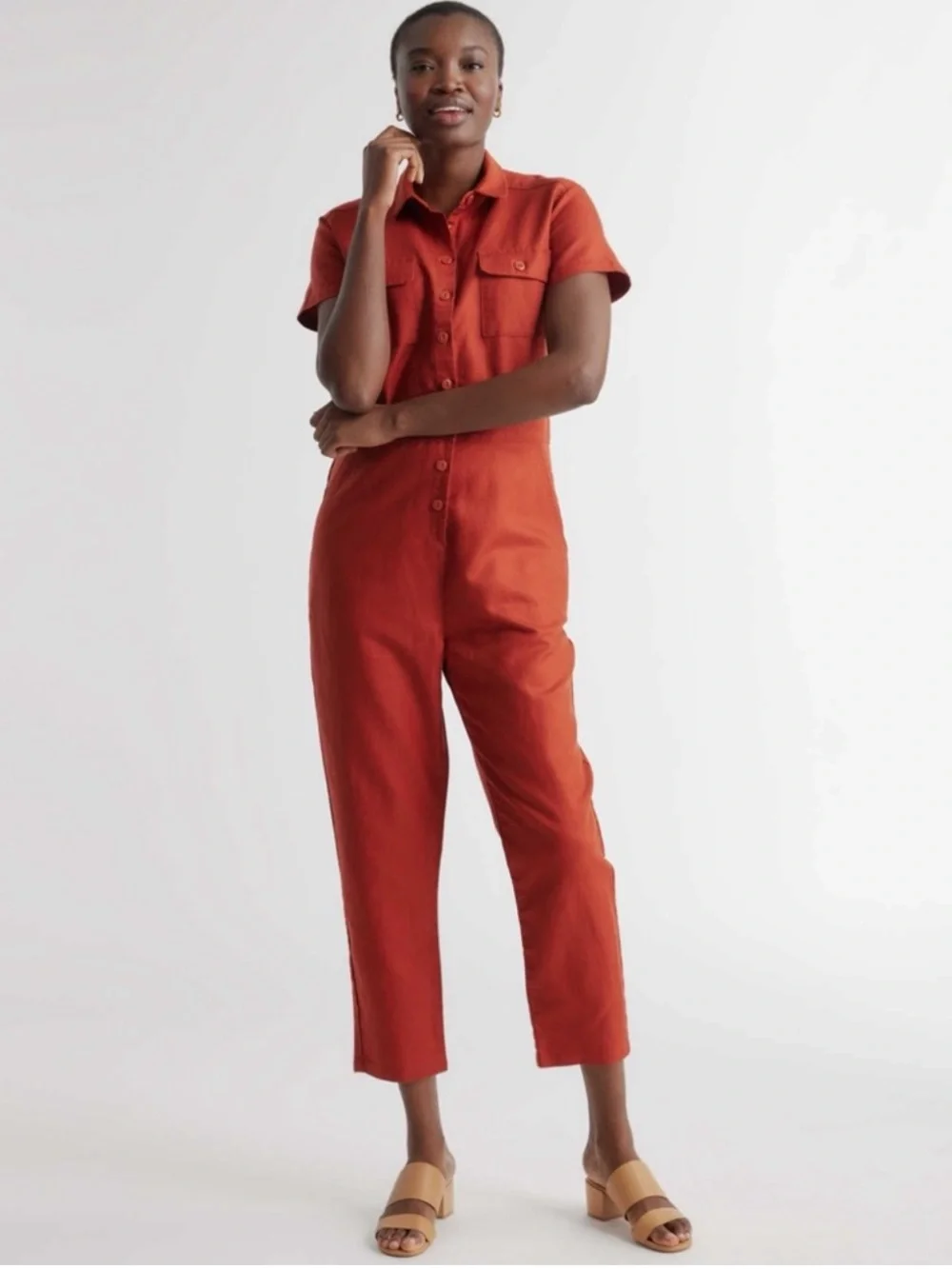 Quince Cotton Linen Twill Coverall Jumpsuit in Rust Red NWT